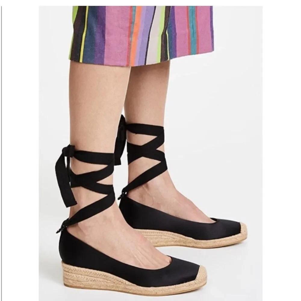 Tory Burch Heather Satin Wedge Espadrille In Black Size 6.5
